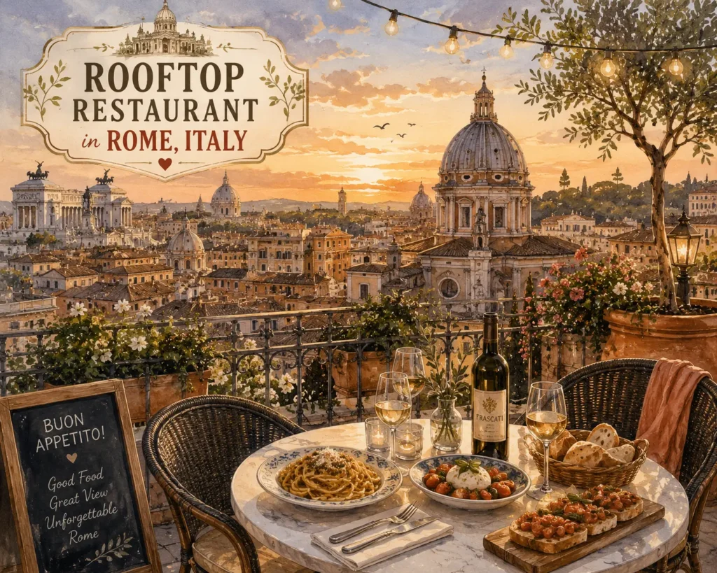 illustration of rooftop restaurant in rome.