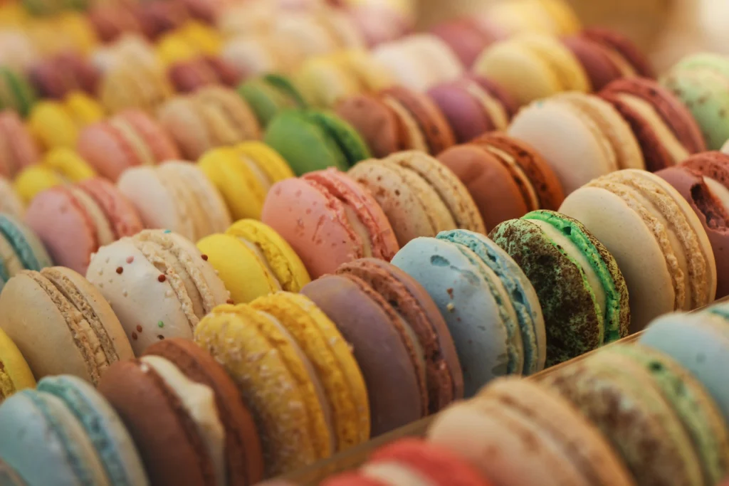 A photo of colorful macarons.