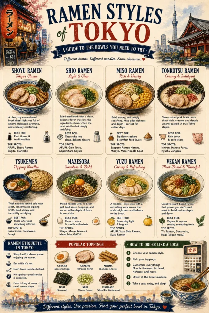 illustration of ramen styles in tokyo